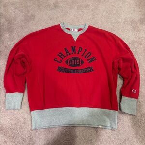 Champion Red Crewneck Sweatshirt with Gray Trim and Graphic